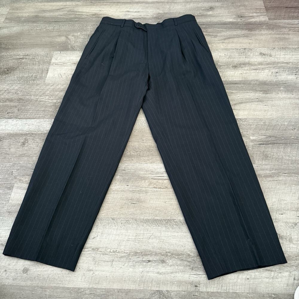 BOSS Hugo Boss Dress Pants Mens 36x30 LOPEZ Black Pinstriped Pleated Wool Blend